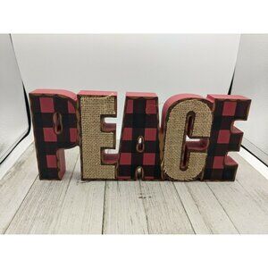 Christmas Farmhouse PEACE Burlap Wood Block Word Red Black Buffalo Check